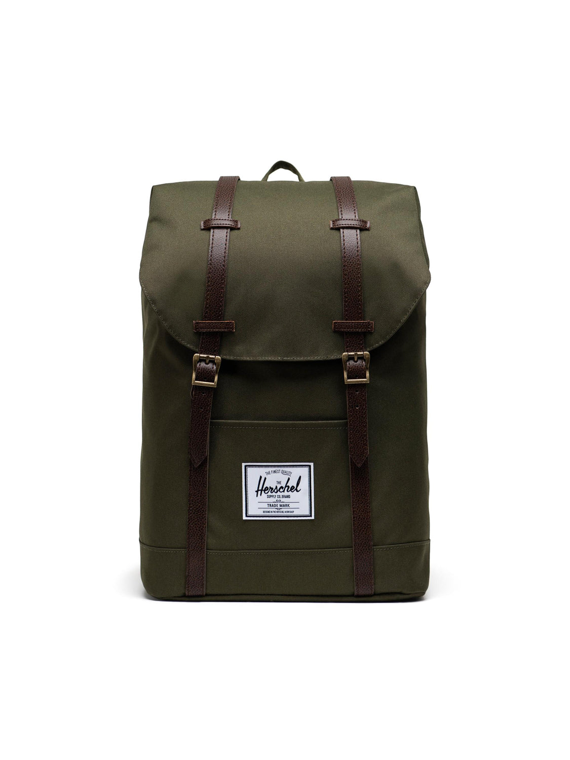 The Herschel Retreat Backpack is green with brown straps, a front flap, and a white rectangular Herschel logo patch on the lower front.
