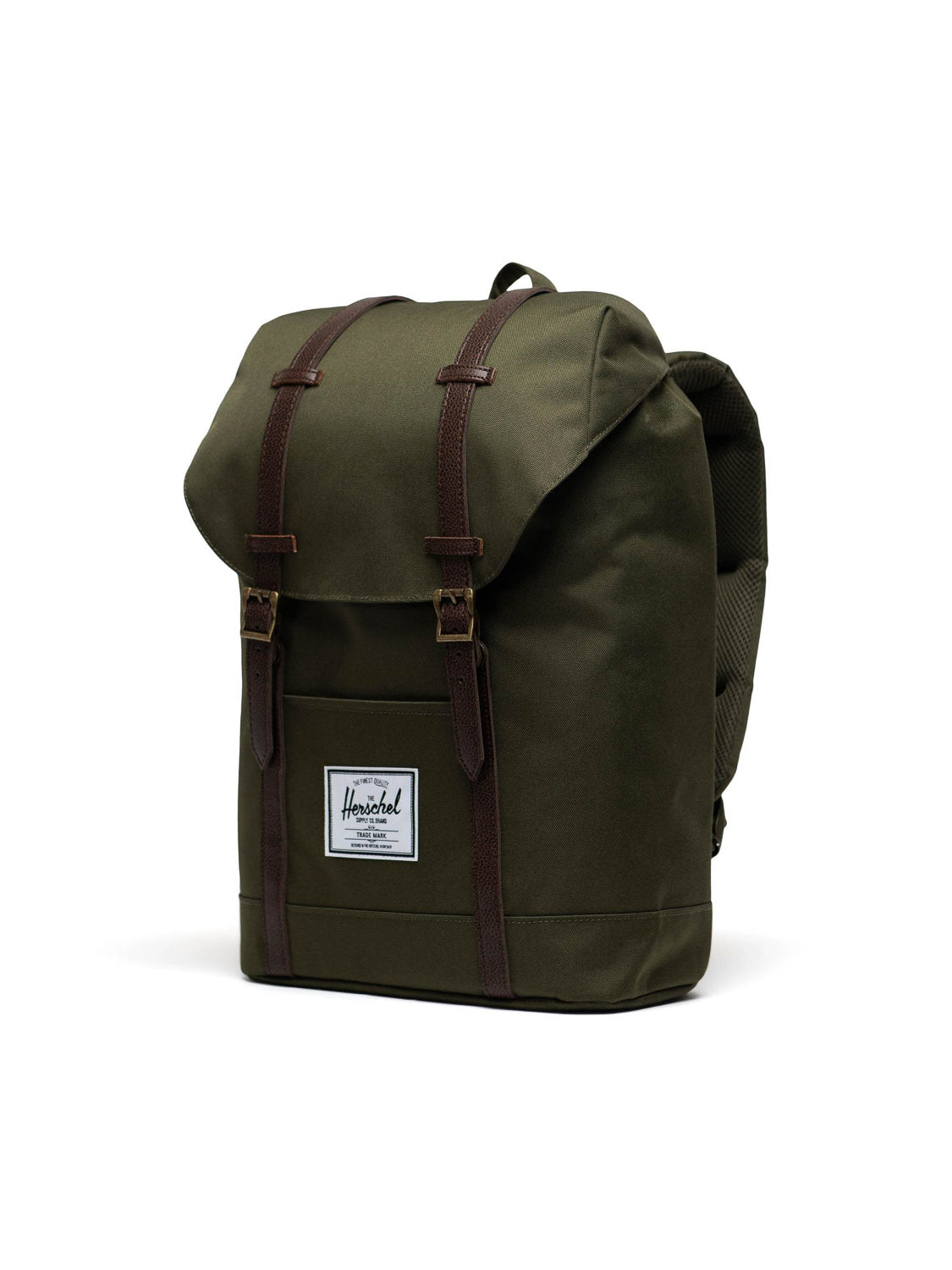 The Herschel Retreat Backpack in green, featuring brown straps, a white front label, a top flap closure, and a small handle, stands against a white background—ideal as an everyday laptop sleeve backpack.