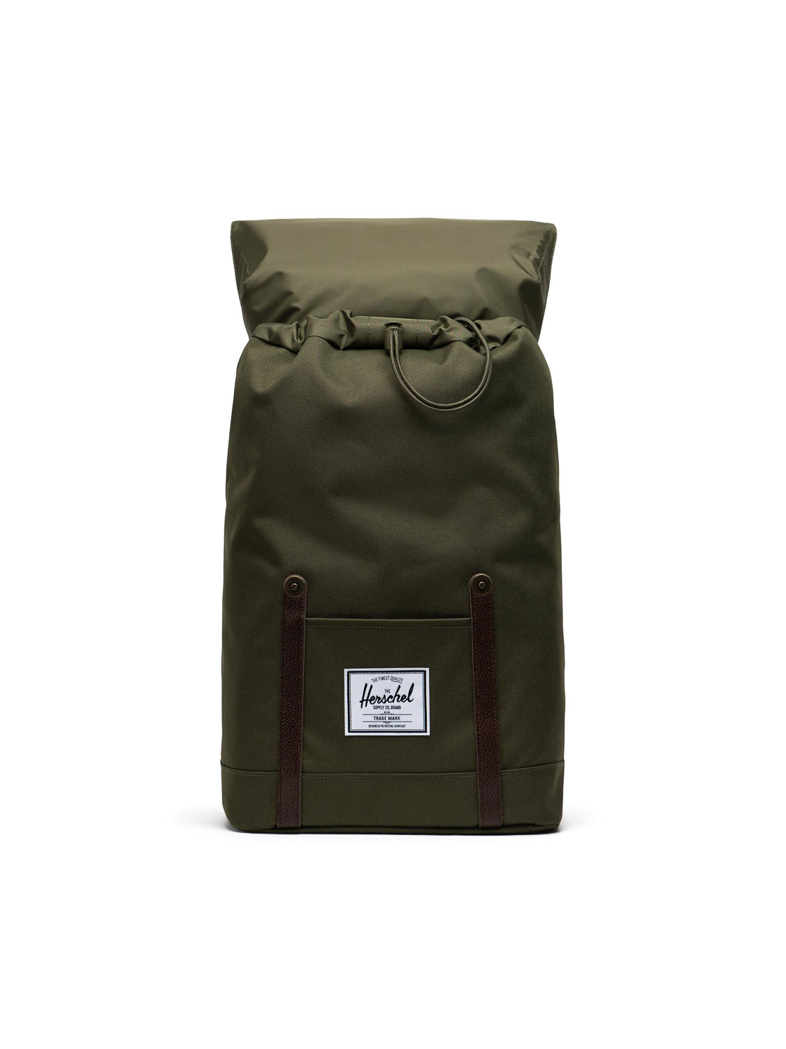 The Herschel Retreat Backpack in olive green features black straps, a flap-top closure, a laptop sleeve, and a white rectangular Herschel Supply label on the front, shown against a plain white background.