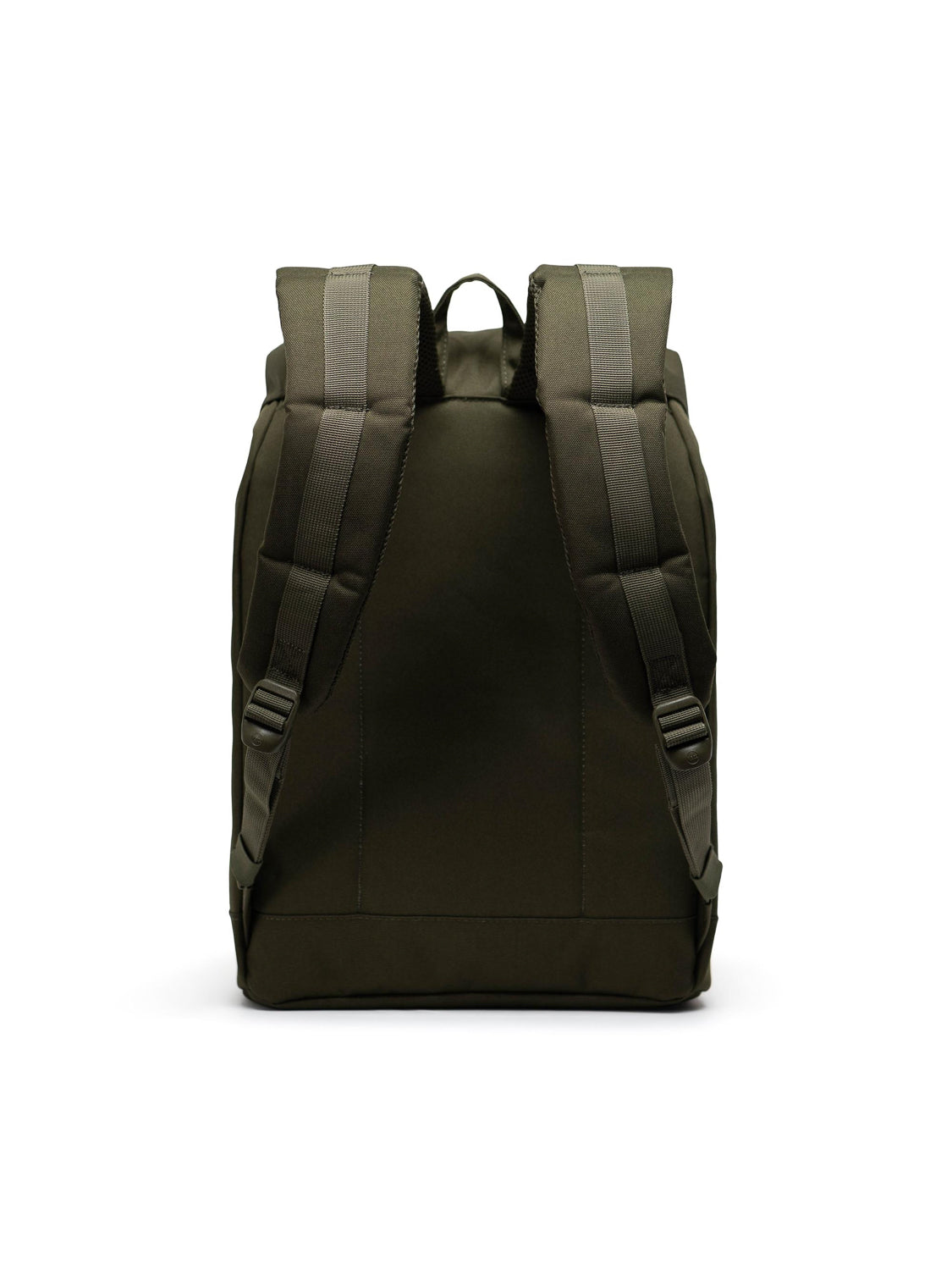 The Herschel Retreat Backpack, shown from the back against a white background, features a dark green color, two padded shoulder straps, a small top handle, and a simple, plain design.