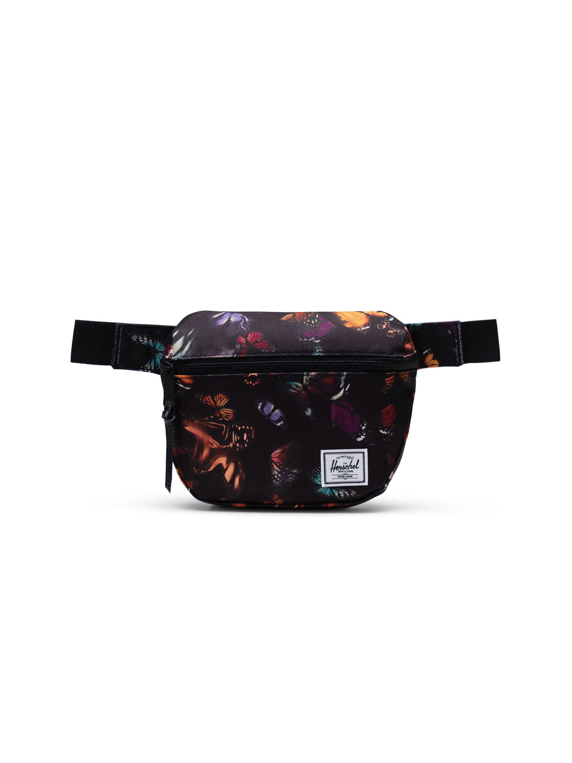 The Herschel Fifteen Hip Pack is black with a butterfly print, metal zipper, adjustable strap, and features a small white Herschel label on the front.