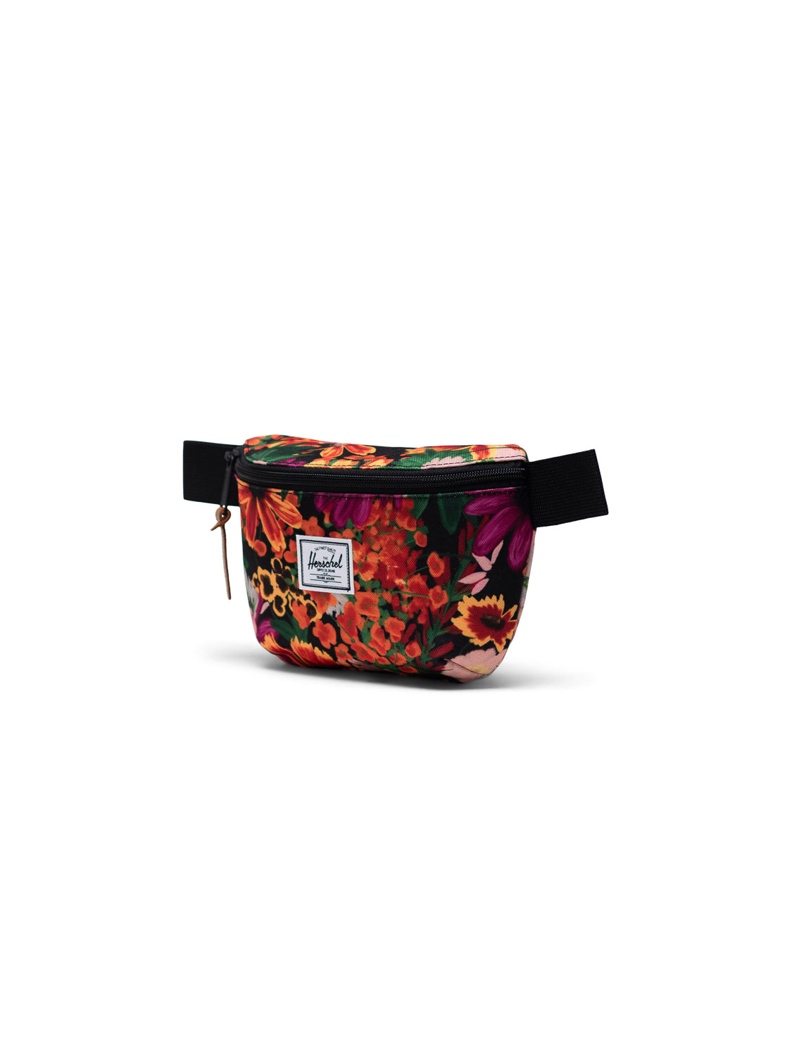 The Herschel Fourteen Hip Pack features a vibrant floral pattern in red, orange, and purple, an adjustable black strap, a front zipper pocket, and a classic white Herschel label.