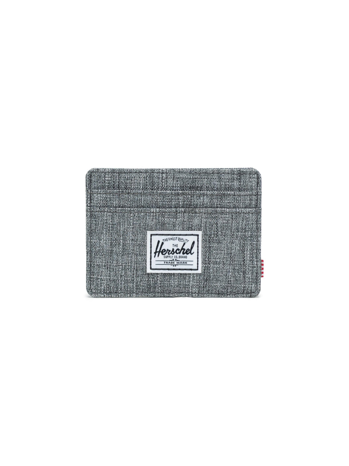 A gray textured Charlie Compact Card Holder Wallet by Herschel with RFID blocking and a white rectangular Herschel label on the front, shown against a plain white background.