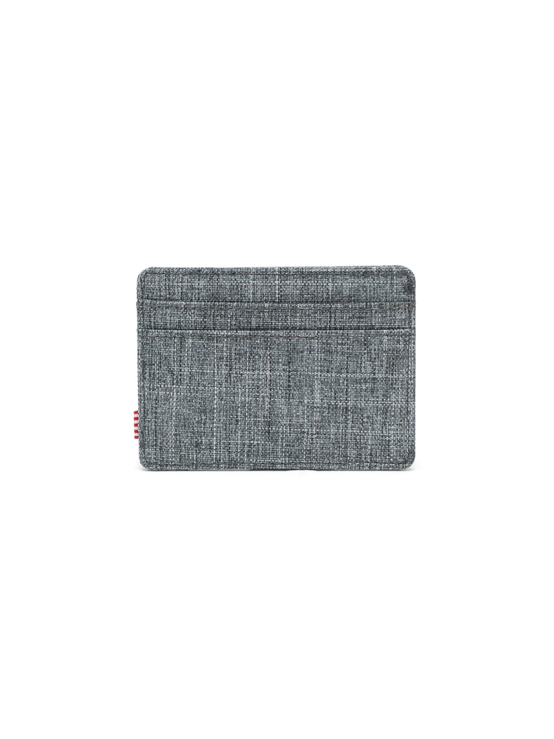 The Herschel Charlie Compact Card Holder Wallet, made from textured gray fabric with RFID blocking, features two visible slots and stands upright against a plain white background.