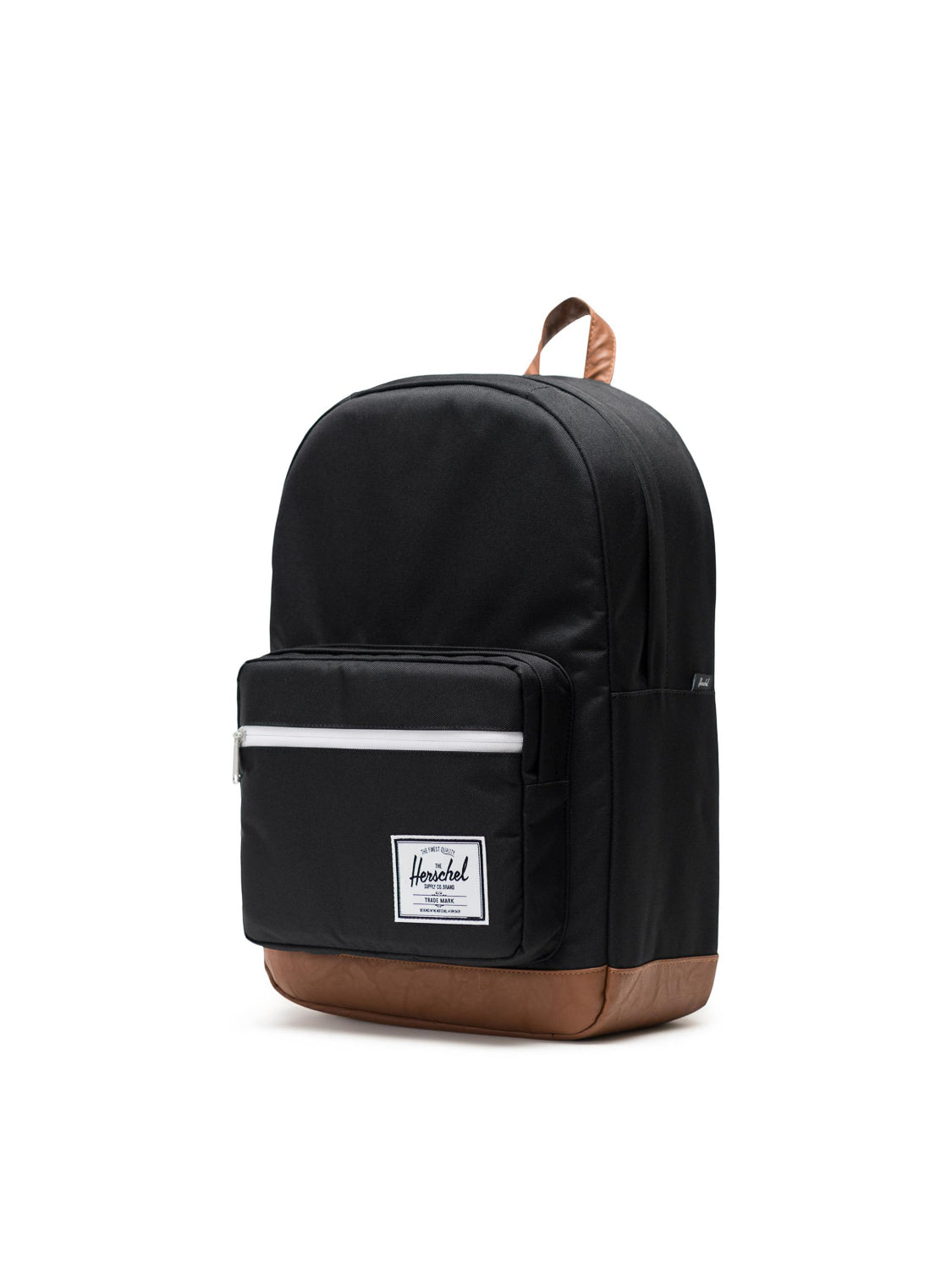 The Herschel Pop Quiz Backpack features a sleek black design with a brown base, laptop sleeve, front zip pocket with white zipper, and the signature Herschel label—ideal for everyday commutes.