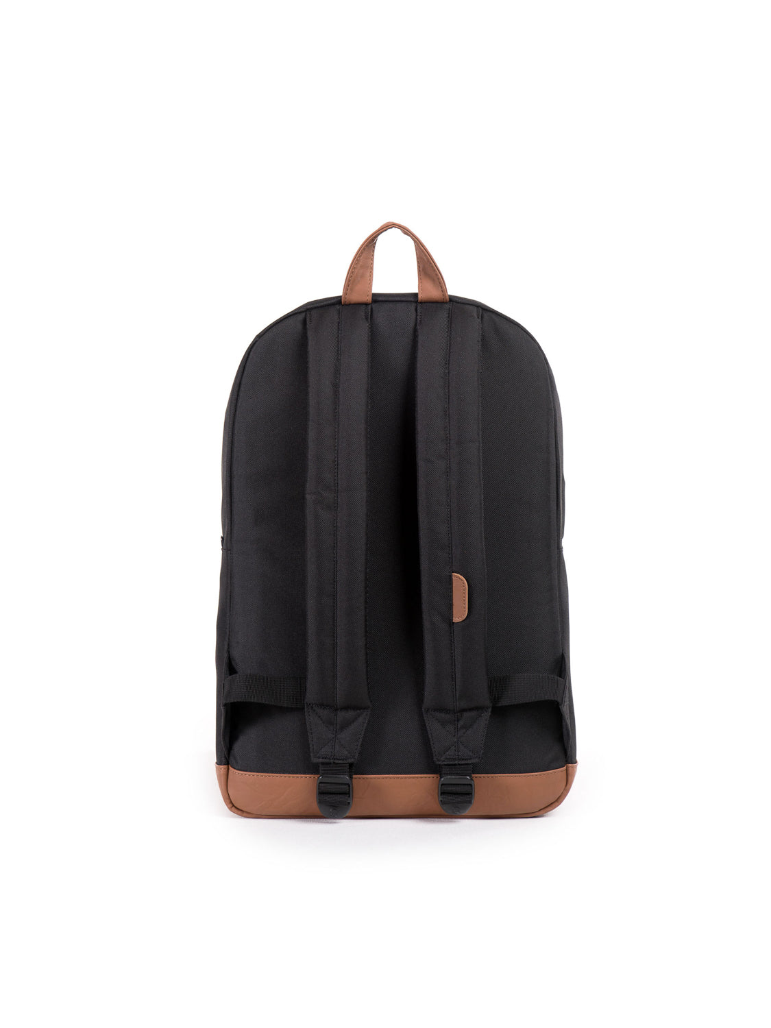 The Herschel Pop Quiz Backpack, shown from the back against a white background, is black with brown accents on the straps and bottom. It features two padded shoulder straps, a top handle, and a laptop sleeve for daily commutes.