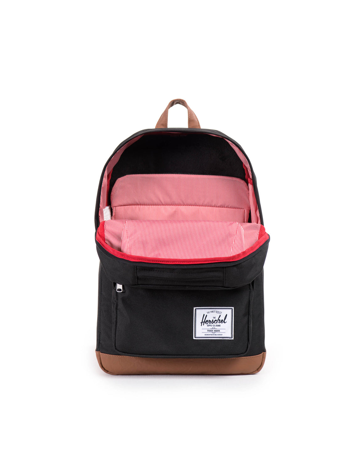 The Herschel Pop Quiz Backpack features a tan handle and base, laptop sleeve, pink-striped lining, and iconic white rectangular brand label—ideal for daily commutes. Black and brown color options available.