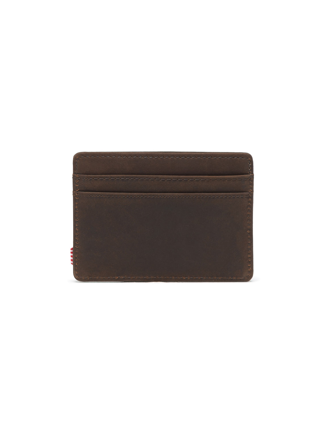 The Herschel Charlie Leather Card Holder Wallet features a dark brown design with two front card slots, visible edge stitching, and classic leather wallet styling.