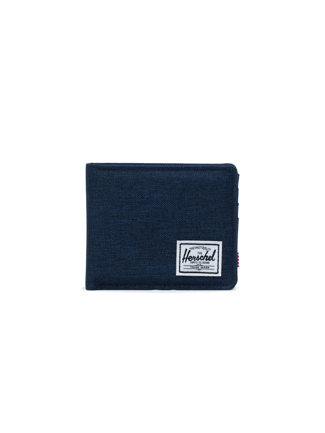 The Roy Classic Folded Wallet by Herschel, in dark blue, features multiple card slots and a white rectangular Herschel label on the front, displayed against a plain white background.