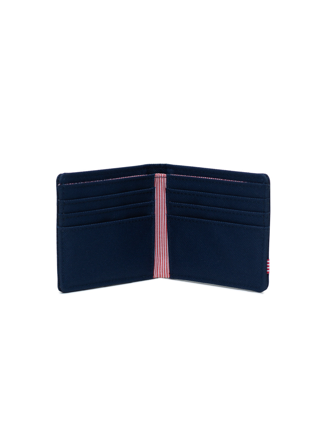 The Herschel Roy Classic Folded Wallet in navy blue is open to reveal multiple card slots on both sides and a red-and-white striped fabric accent in the center, offering a clean and organized interior perfect for daily use.