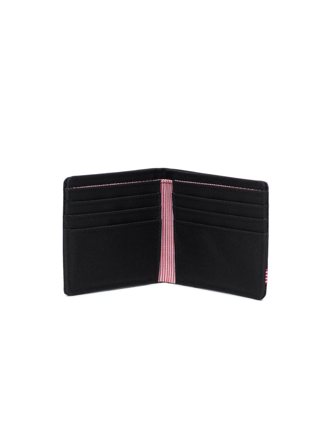 The Herschel Roy Classic Folded Wallet is shown open on a white background, featuring a black exterior, multiple card slots, and a bold red-and-white striped lining at the center.
