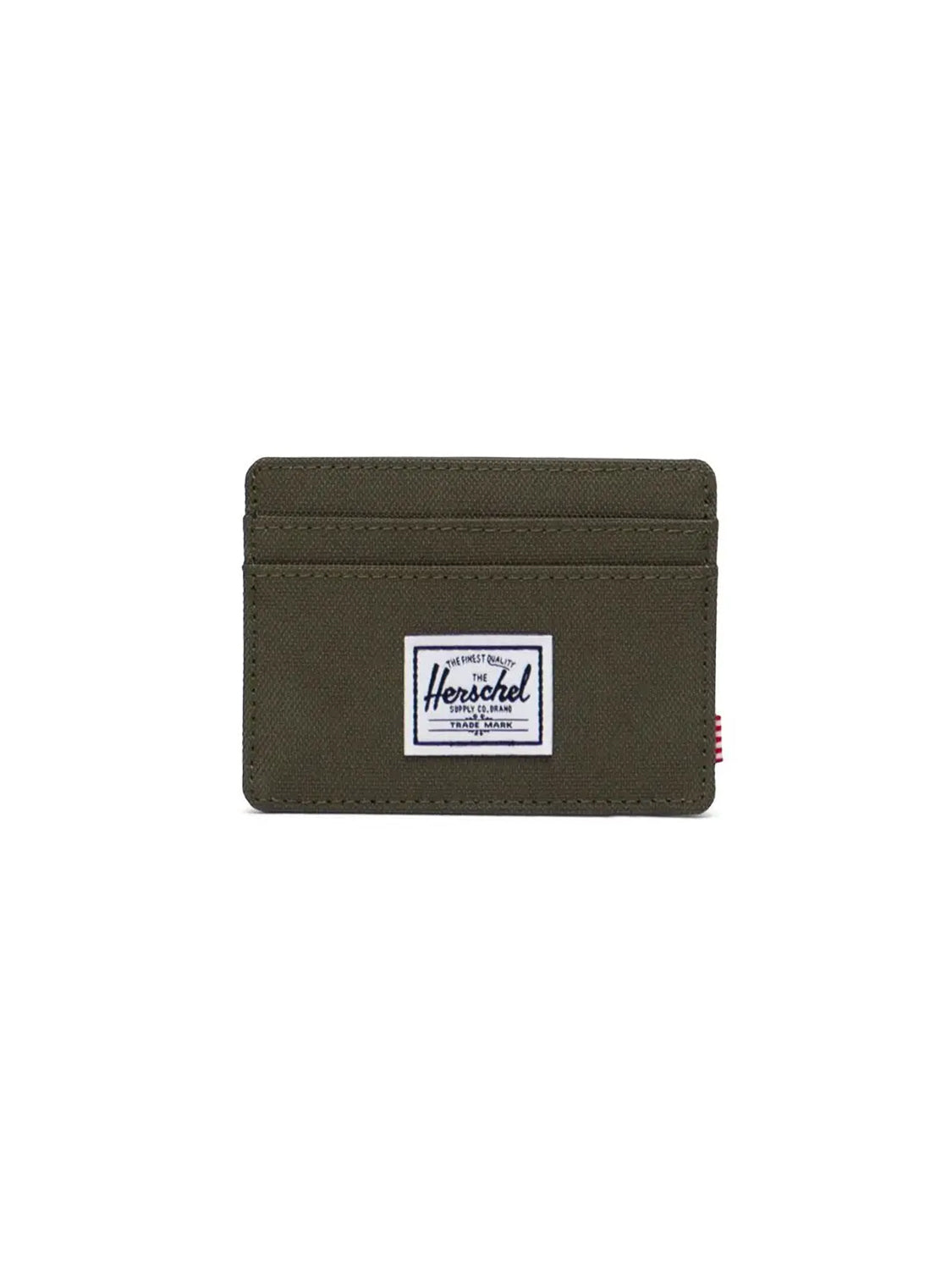 The Herschel Charlie Compact Card Holder Wallet is a green wallet featuring multiple card slots and a white rectangular logo patch on the front, shown centered on a plain white background.