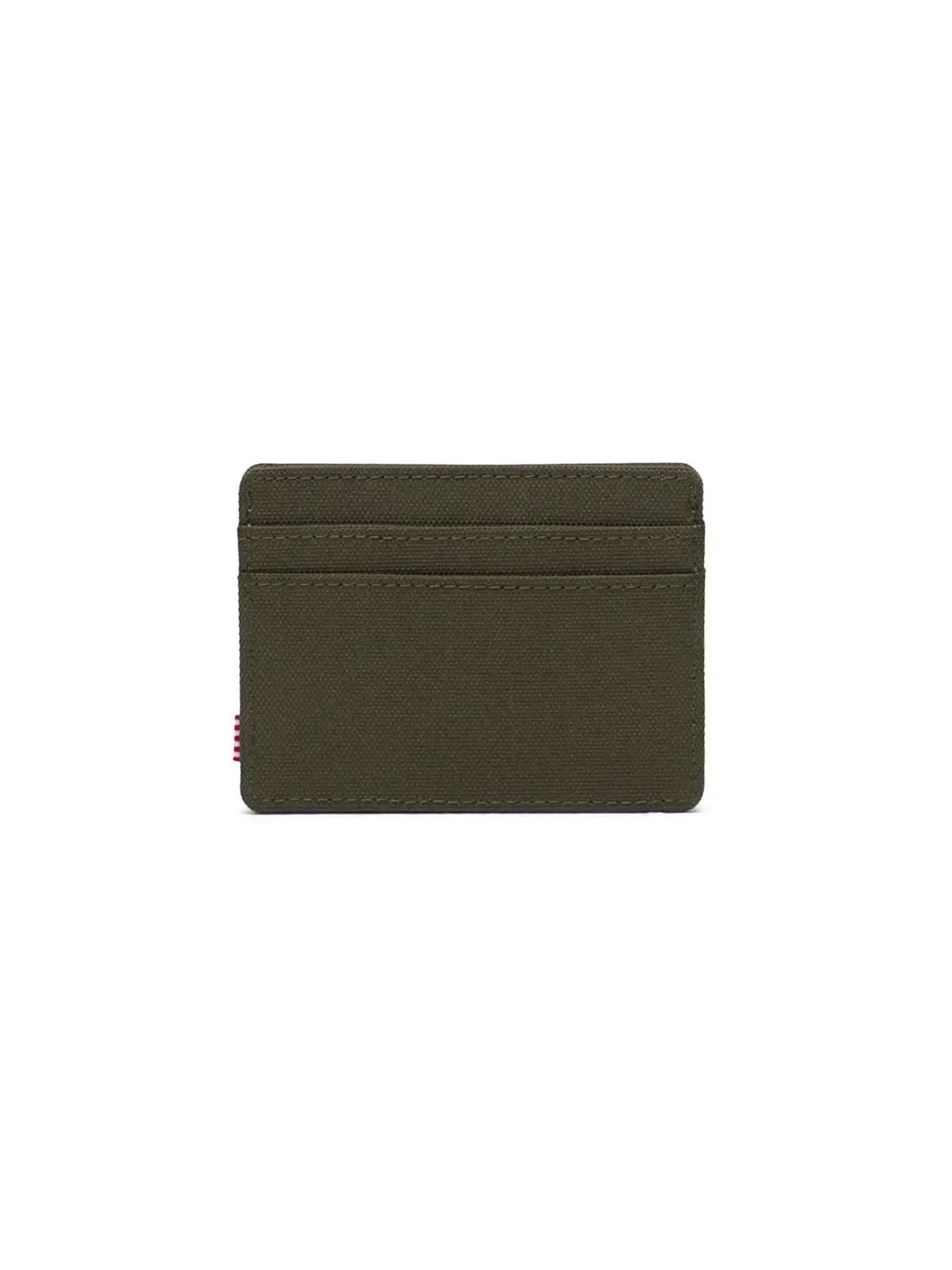The Herschel Charlie Compact Card Holder Wallet is a minimalist dark green fabric wallet with RFID blocking and two slots, shown against a plain white background.