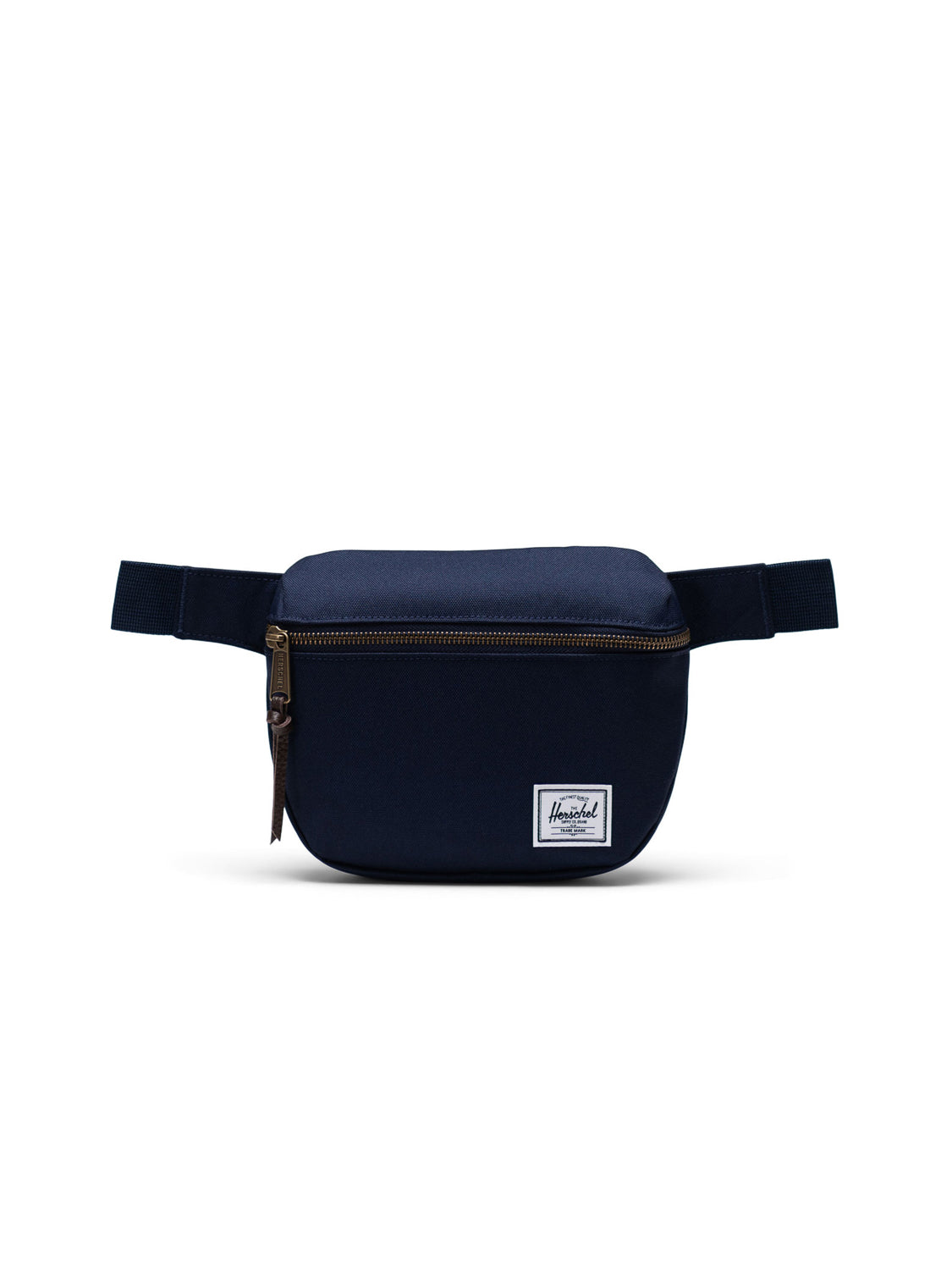 The Herschel Fifteen Hip Pack, in navy blue with a metal zipper, adjustable strap, and a small white brand label on the lower right front, is shown on a plain white background.