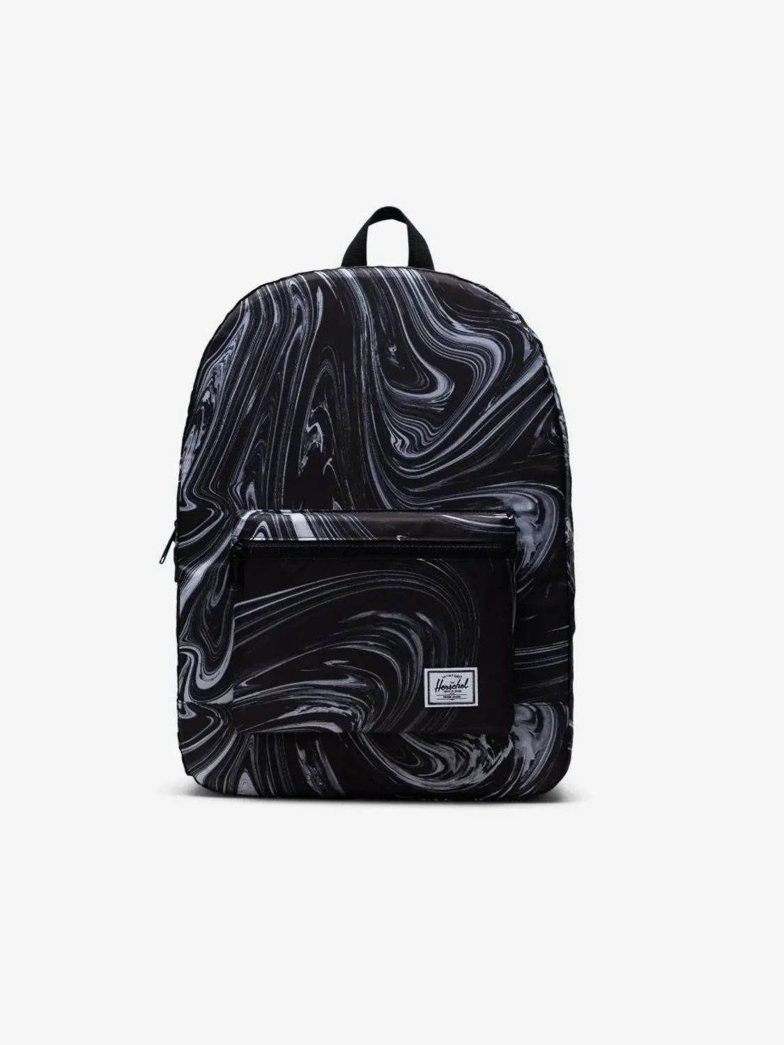The Herschel Packable Daypack by Herschel features a black ripstop fabric with a white swirl marble pattern, a front zippered pocket with a white logo patch, adjustable shoulder straps, and a top carrying handle.
