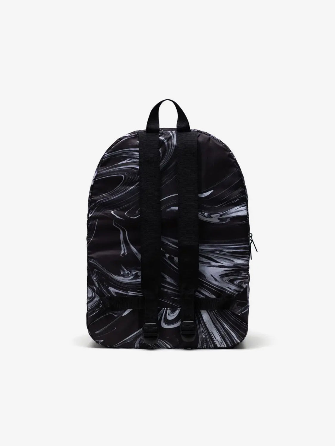 The Herschel Packable Daypack by Herschel features a black and white marble swirl pattern, ripstop fabric, two black adjustable shoulder straps, and a black top handle. Shown from the back against a plain white background.