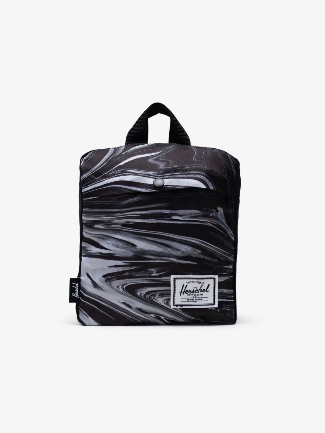 The Herschel Packable Daypack by Herschel features a black and white marble pattern, front pocket, black handle, adjustable shoulder straps, and a Herschel Supply Co. label on the lower front, shown against a plain white background.