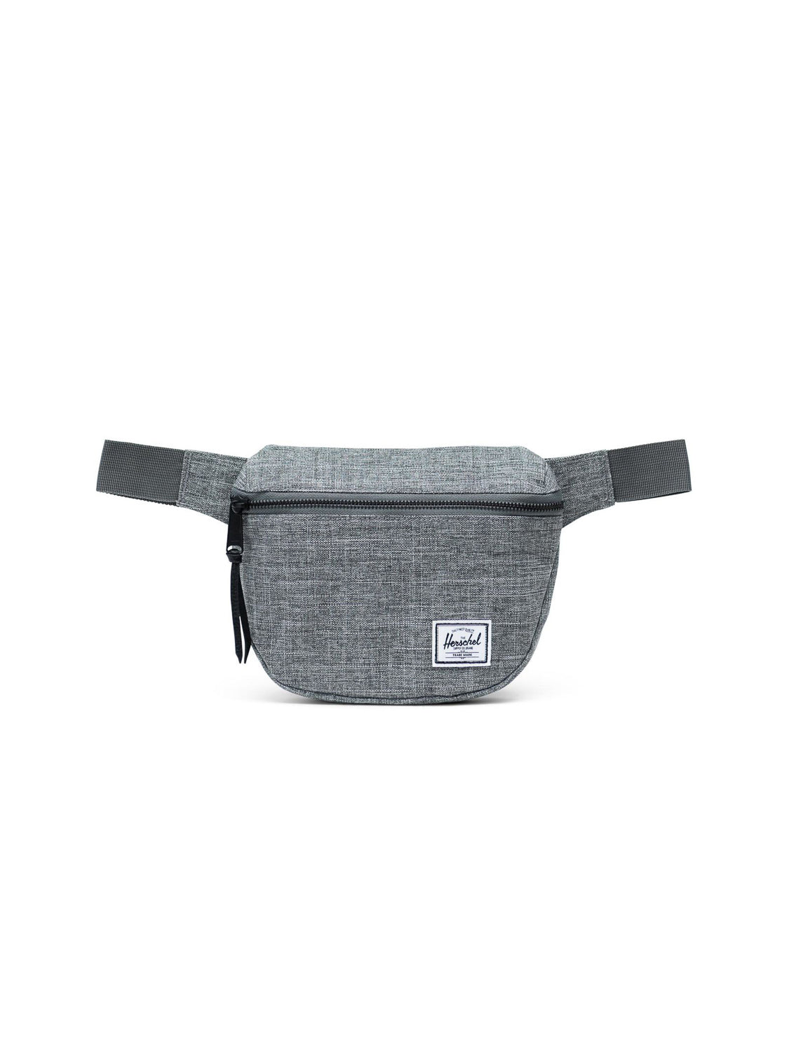 The Herschel Fifteen Hip Pack features gray fabric, a metal zipper, adjustable black straps, and a small white rectangular brand label on the front.