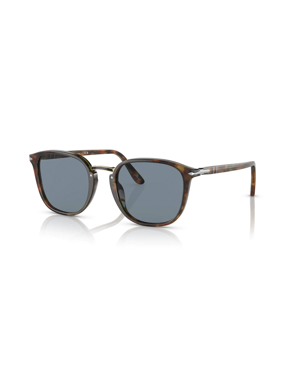 The Persol - PO3186 sunglasses sit elegantly on a white reflective surface, boasting a tortoiseshell frame with dark Crystal Lens Acetate. Modern and stylish, they feature thin temples and the innovative Meflecto system for supreme comfort.