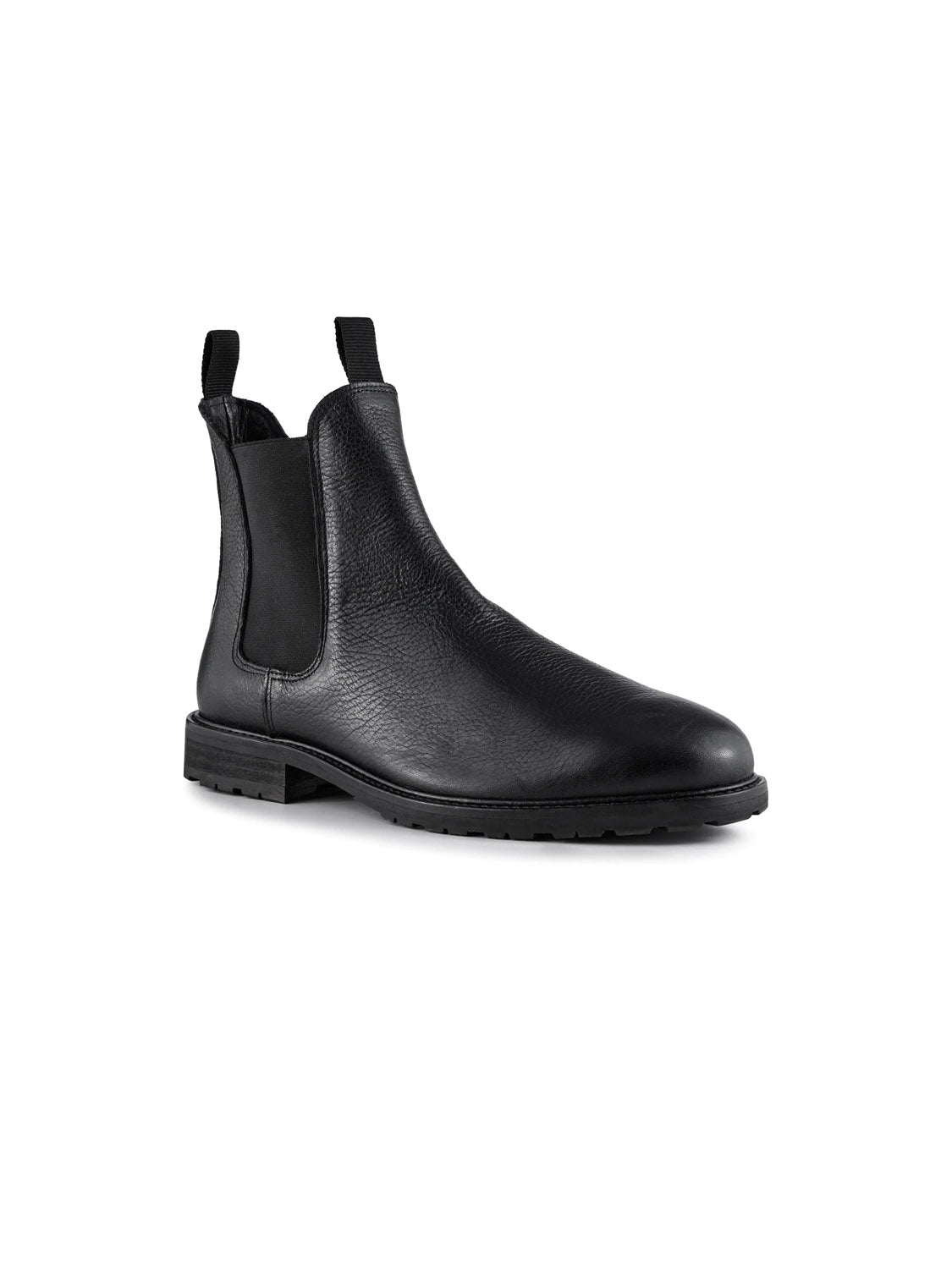 The York Classic Chelsea Boot by Shoe The Bear is a black leather boot shown against a white background. Made from LWG-certified leather, it boasts a smooth texture, elastic side panels, rear pull tab, and flexible rubber outsole for a sleek and stylish appearance.