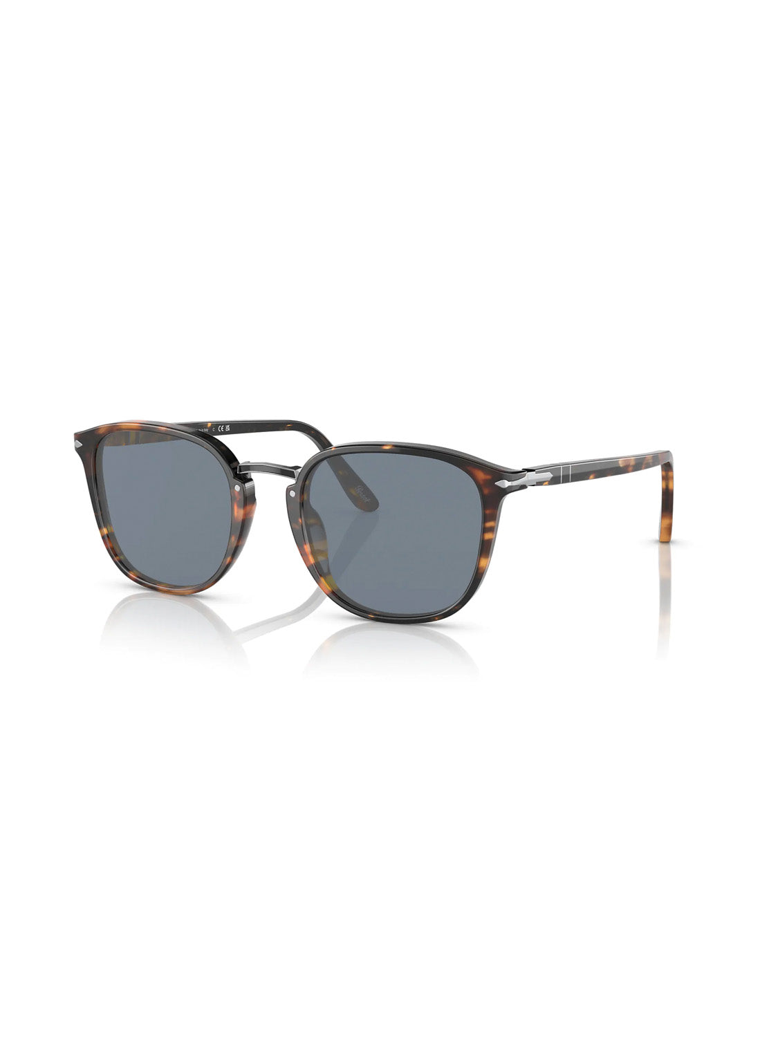 The Persol PO3186 sunglasses feature dark lenses and tortoiseshell acetate frames with a rounded square shape, silver detailing, and the Meflecto system on the arms for comfort. Displayed side view against a white background, they exude style.
