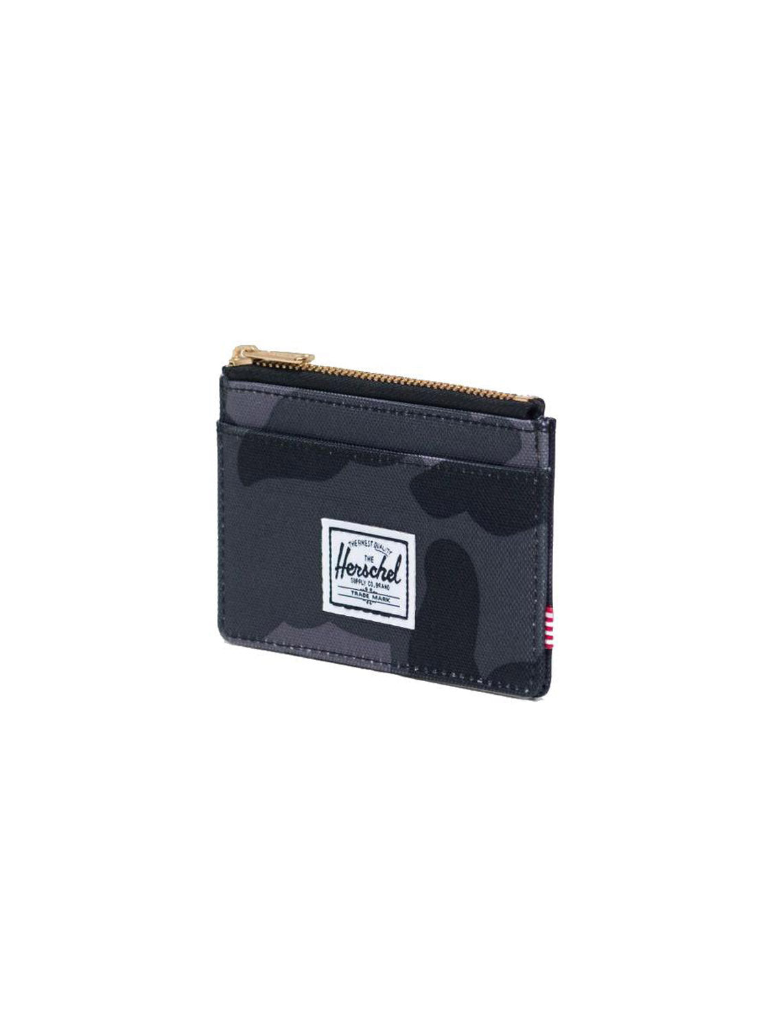 The Herschel Oscar Compact Wallet features black and grey camouflage, RFID blocking, a top zipper, and a white front brand label—combining secure card storage with stylish design.