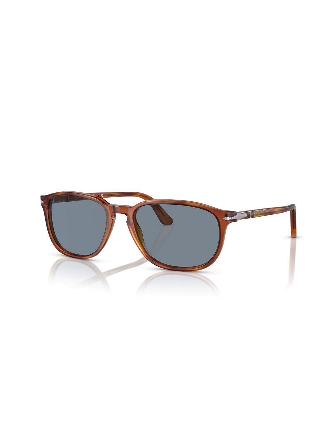 The Persol - PO3019 sunglasses feature a square design with dark lenses and sleek arms, enhanced by metallic-accented hinges. These brown shades are crafted from a Crystal Lens Acetate Frame and highlighted elegantly against a white background.