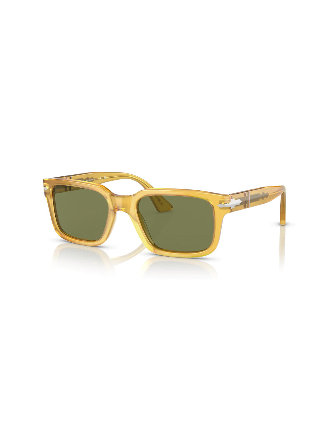 The Persol - PO3272 sunglasses feature yellow rectangular D-frame silhouettes with green-tinted lenses and silver accents. Their transparent frames angle slightly, casting a shadow on reflective surfaces.