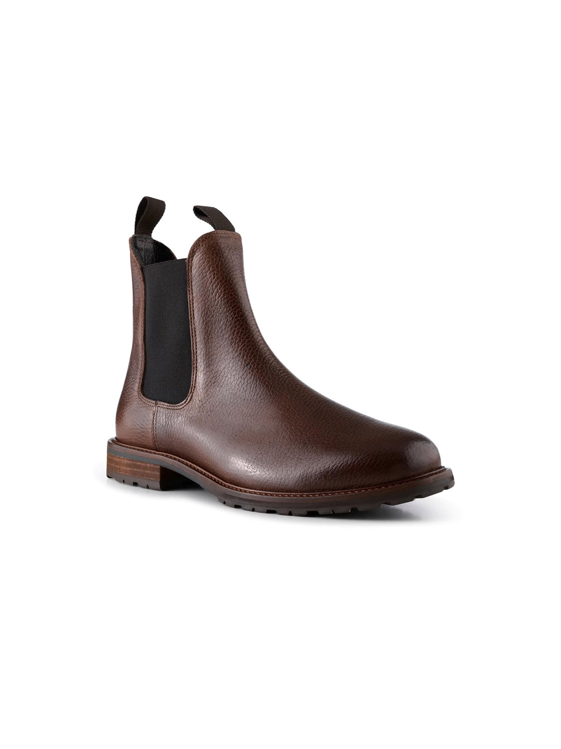 The York Classic Chelsea Boot by Shoe The Bear features a textured brown leather design with black elastic side panels and pull tabs. Made from LWG-certified leather, it includes a flexible rubber outsole and sturdy grip, making it ideal for both casual and formal occasions.