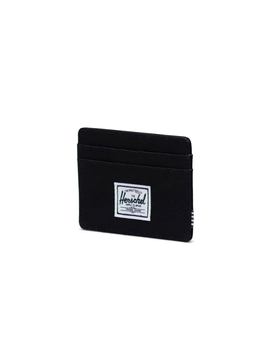 The Herschel Charlie Compact Card Holder Wallet is black with multiple card slots and a white rectangular Herschel label on the front, shown against a plain white background.