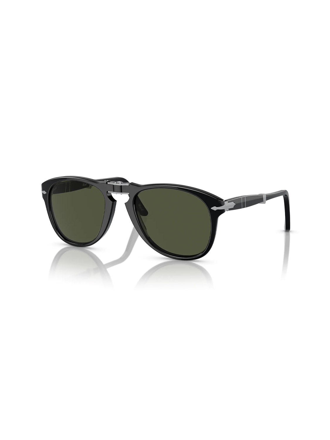 The Persol - PO714 features a sleek acetate frame and silver temple detailing, offering black sunglasses with crystal lenses in a dark green tint against a plain white background.