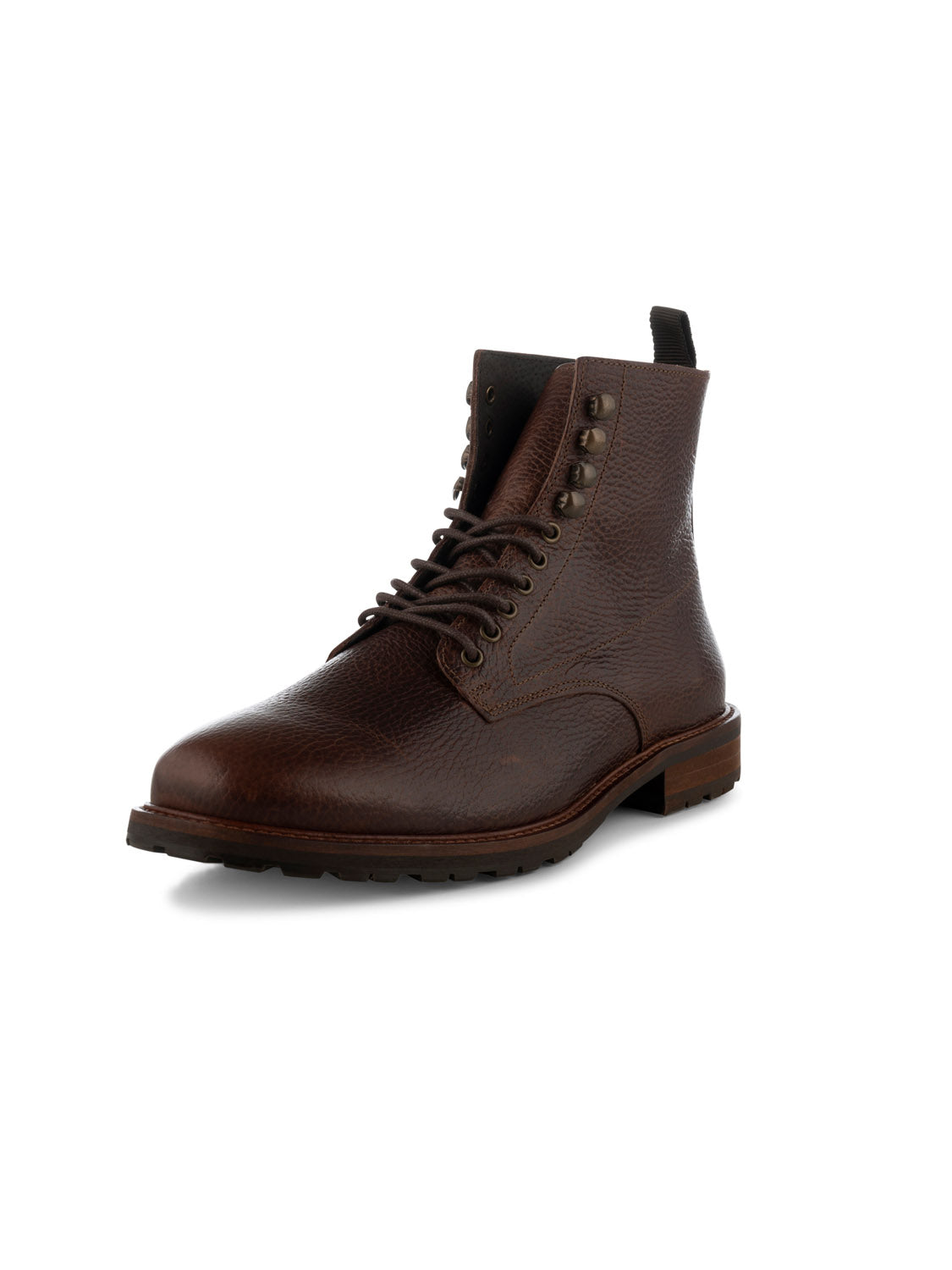 The York Lace Up Leather Boot by Shoe The Bear is a single handcrafted brown boot from Portugal, featuring textured LWG-certified leather, a low heel, metal eyelets, and a rounded toe for quality and style.