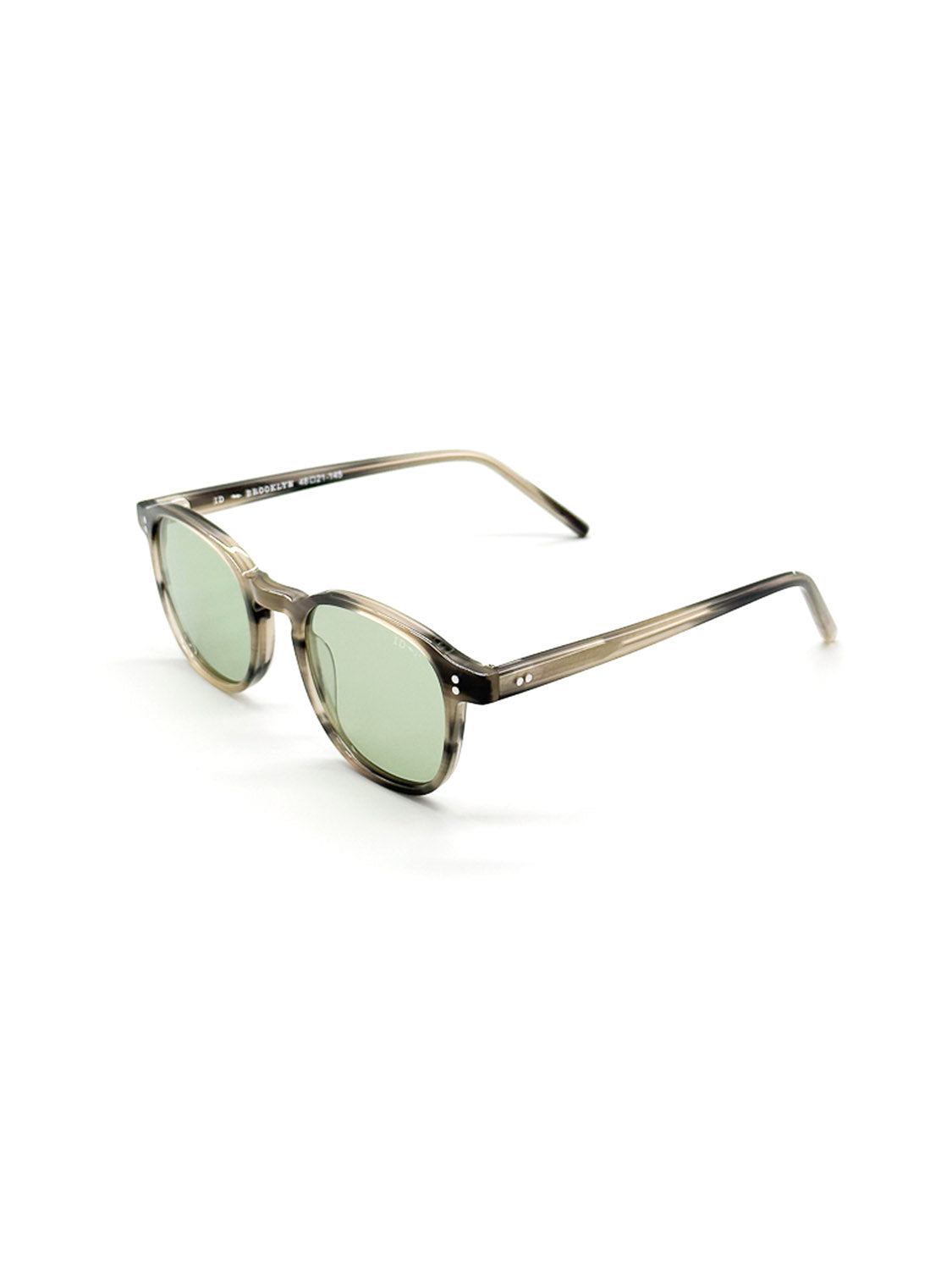 A pair of A144C36LG ID Polarized Sunglasses by ID Menswear, featuring round translucent gray acetate frames and light green tinted UV400 lenses, angled against a plain white background.