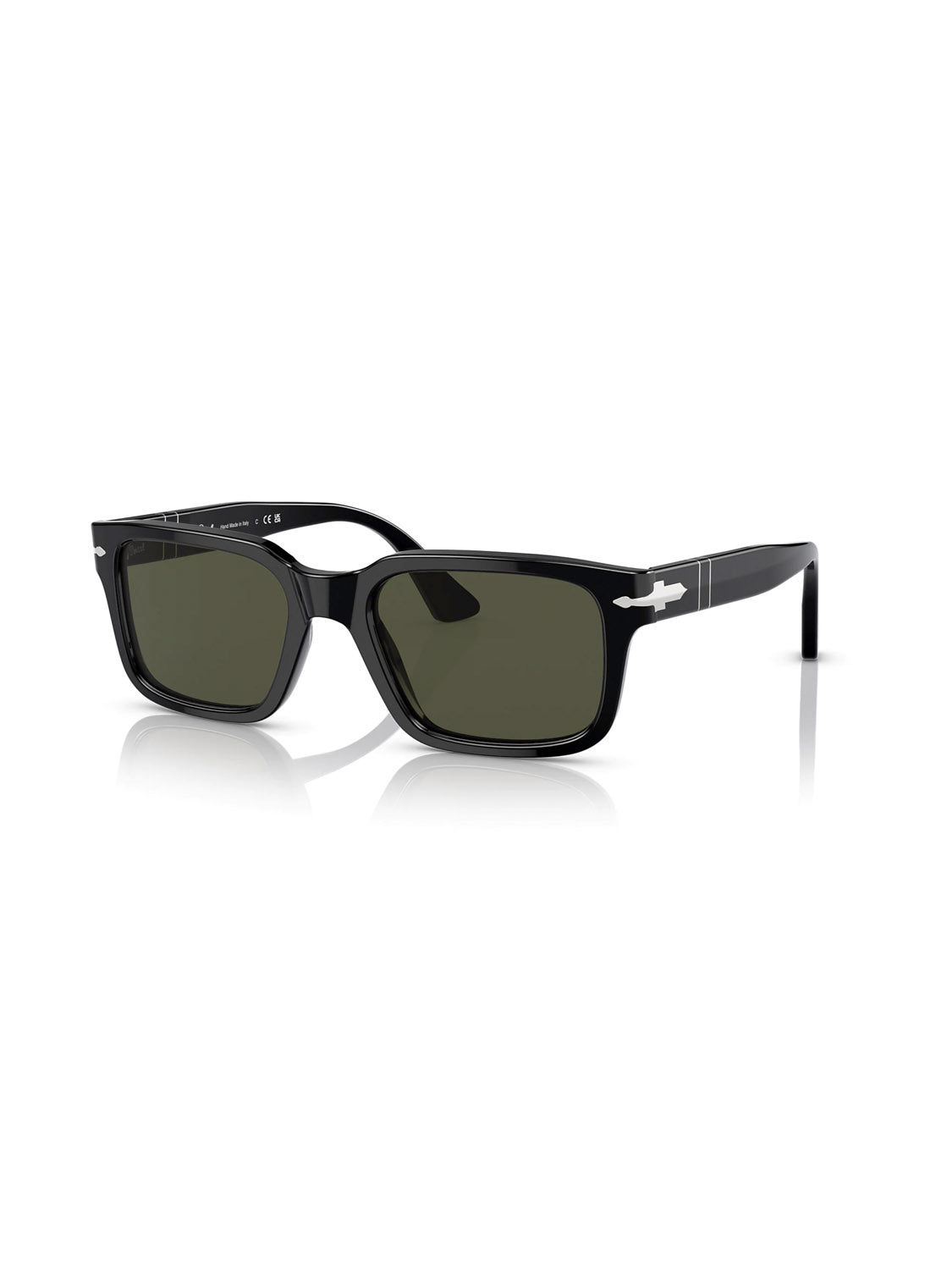 A pair of Persol - PO3272 black rectangular sunglasses with dark lenses features a silver hinge detail on the D-frame silhouette. They are positioned at an angle on a white reflective surface.