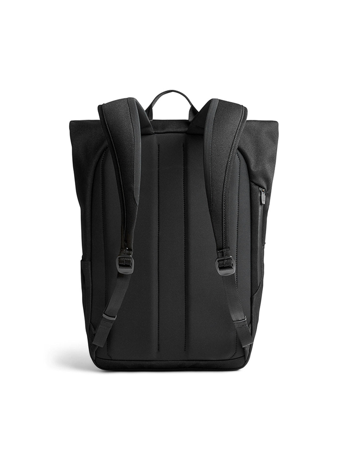 The Bellroy Melbourne Backpack - 18L is displayed from the back with padded shoulder straps, a top handle, and a vertical side zipper pocket. The background is plain white.