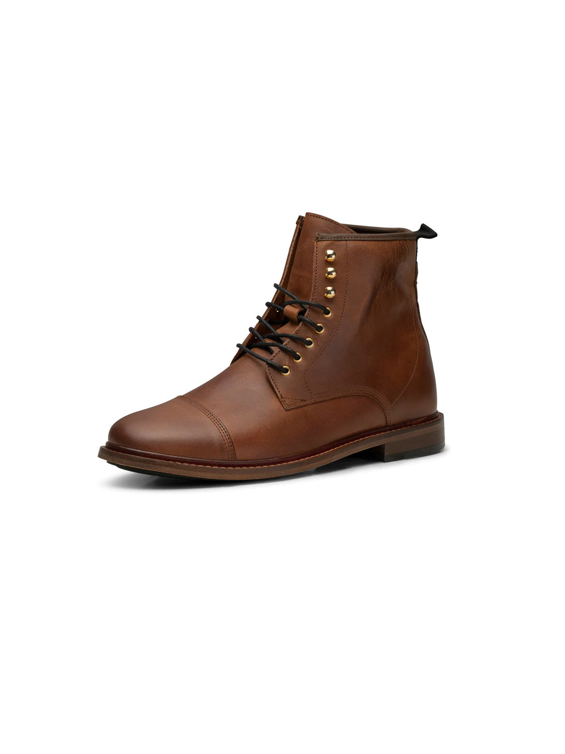 The Curtis Handcrafted Lace-Up Leather Boots by Shoe The Bear showcase a brown leather design with black laces, brass eyelets, a back pull tab, and sturdy LWG certified leather sole—all against a white background. Made in Portugal.