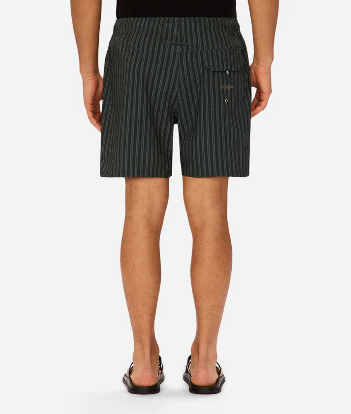 A person is seen from the back wearing Industrie’s Berkeley Swim Short in dark green and black pinstripes, paired with a black shirt and sandals. The shorts have a small rear button pocket.