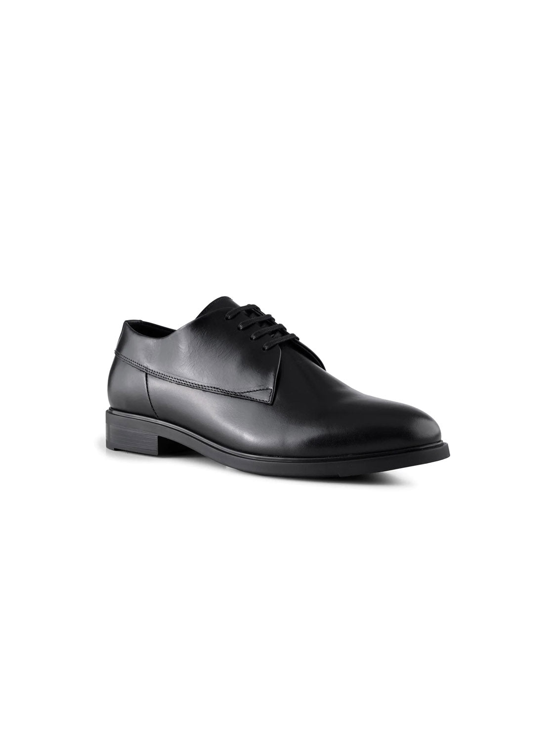 The Linea Derby Style by Shoe The Bear is a sleek shoe crafted from LWG-certified black leather, featuring laces and a low heel, elegantly displayed against a plain white background.