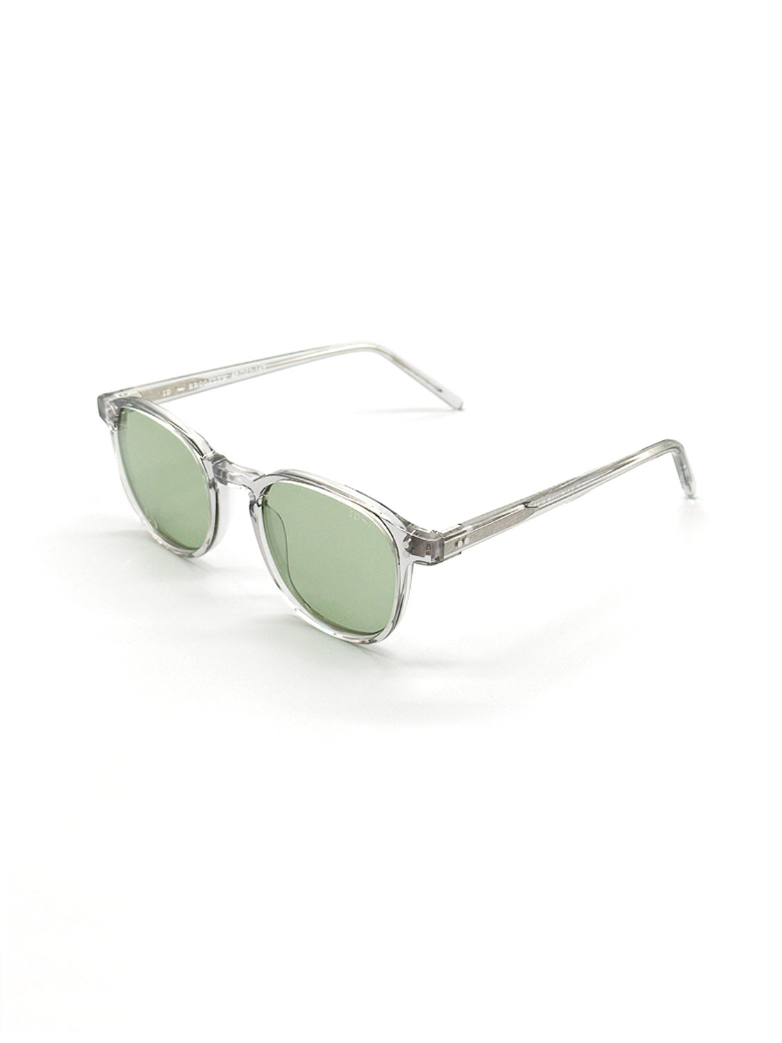 The A144C3LG ID Polarized Sunglasses by ID Menswear feature clear Mazzucchelli Acetate frames and light green CR39 polarized lenses, shown at a slight angle on a white background.