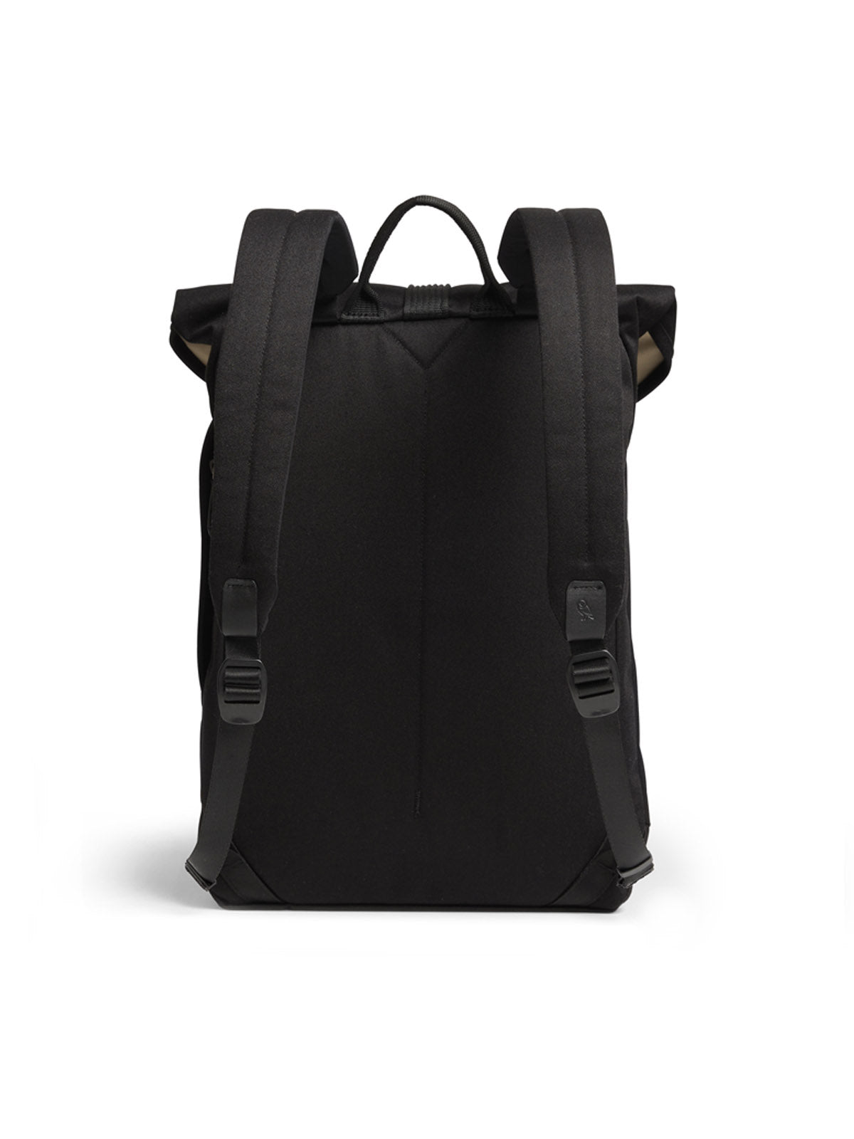 The Bellroy Oslo Backpack - 16L is shown from the back with two padded shoulder straps, a top handle, and a minimalist black design against a white background—ideal as a slim casual backpack for daily use.