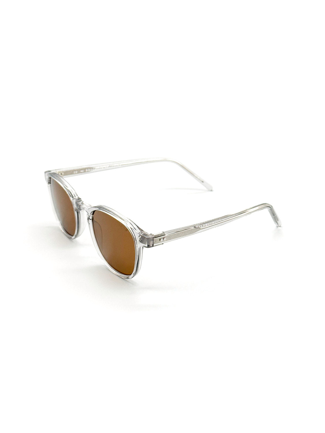 The A144C3B ID Polarized Sunglasses by ID Menswear feature clear frames and round, brown-tinted CR39 polarized lenses shown at an angle on a white background, offering UV400 protection.