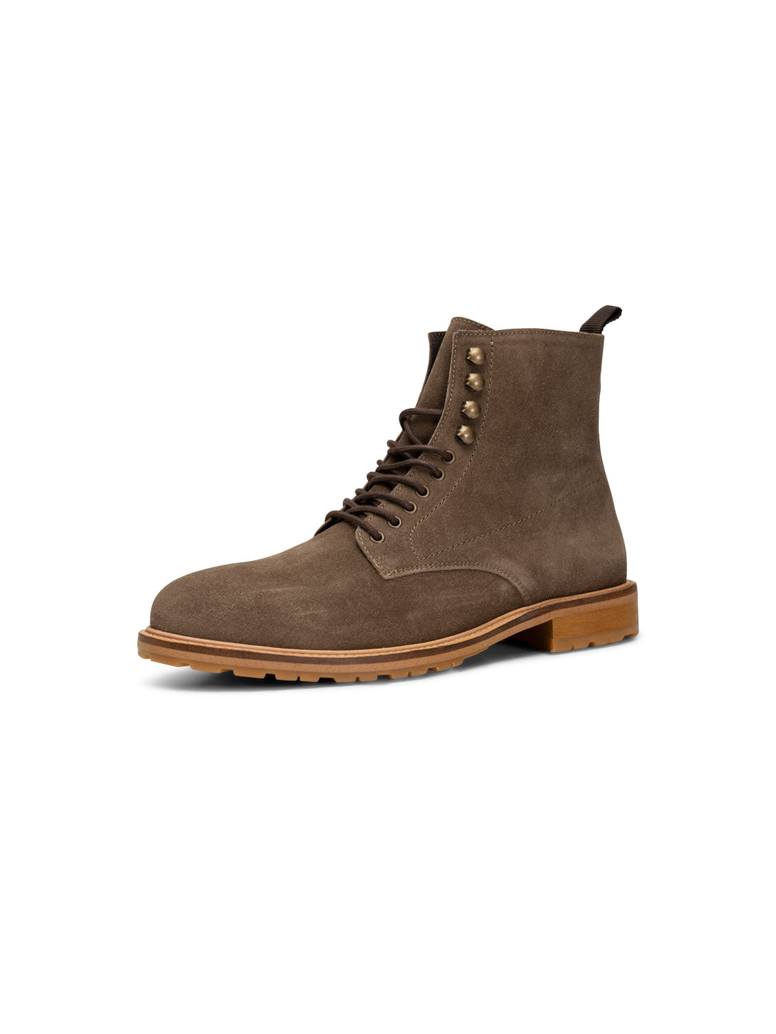 The York Suede Lace Up Boot by Shoe The Bear showcases LWG-certified brown suede with a tan rubber sole and slight heel. Handcrafted in Portugal, this stylish ankle boot features metal eyelets and hooks for a rugged, sophisticated look.