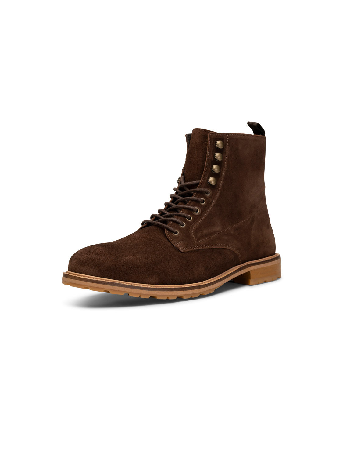 The York Suede Lace Up Boot by Shoe The Bear is a brown suede, handcrafted lace-up with metal eyelets and a tan rubber sole. Displayed at an angle, its high ankle and smooth texture make it perfect for casual or semi-formal wear while elegantly showcasing its profile.