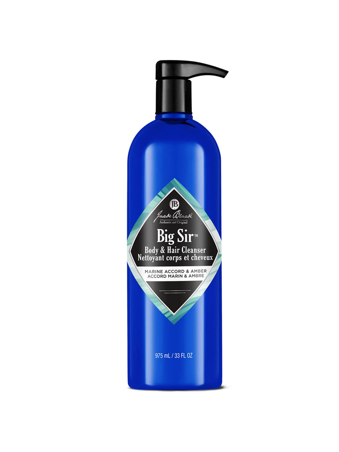 A blue bottle of Jack Black Body and Hair Cleanser with a black pump top. The label shows silver and blue accents, describing this aromatic cleanser for body and hair with marine notes, amber, and invigorating scents.