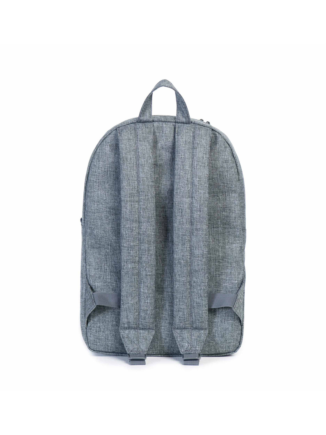 The Herschel Classic Backpack in gray fabric is shown from the back, featuring two adjustable shoulder straps and a top carrying handle—ideal for everyday use—set against a plain white background.