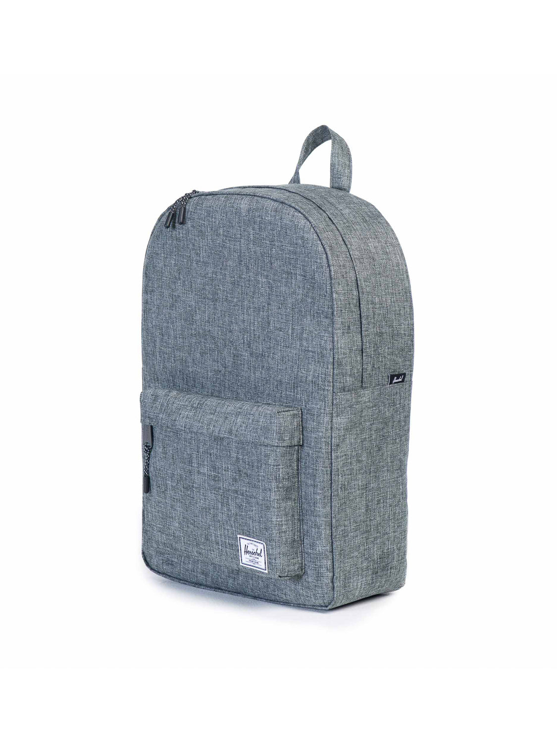 The Herschel Classic Backpack features gray fabric, a front pocket, top handle, and subtle black zippers. A small white label near the bottom adds style to its simple, modern design—perfect for everyday use.