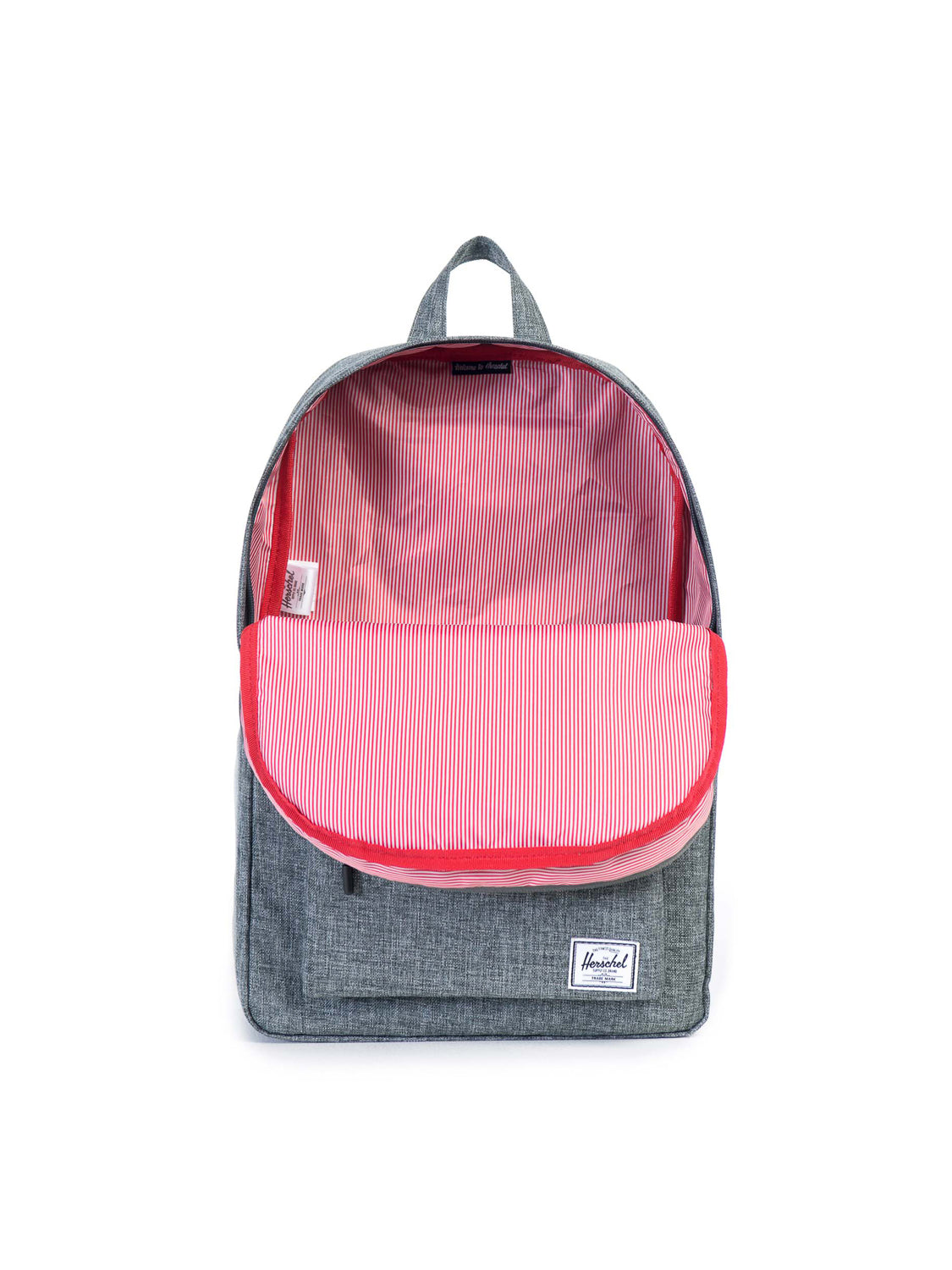 The Herschel Classic Backpack is ideal for daily use, with a gray fabric exterior, front pocket, and signature white label. Opened to reveal a red-and-white striped lining, it stands upright on a white background.