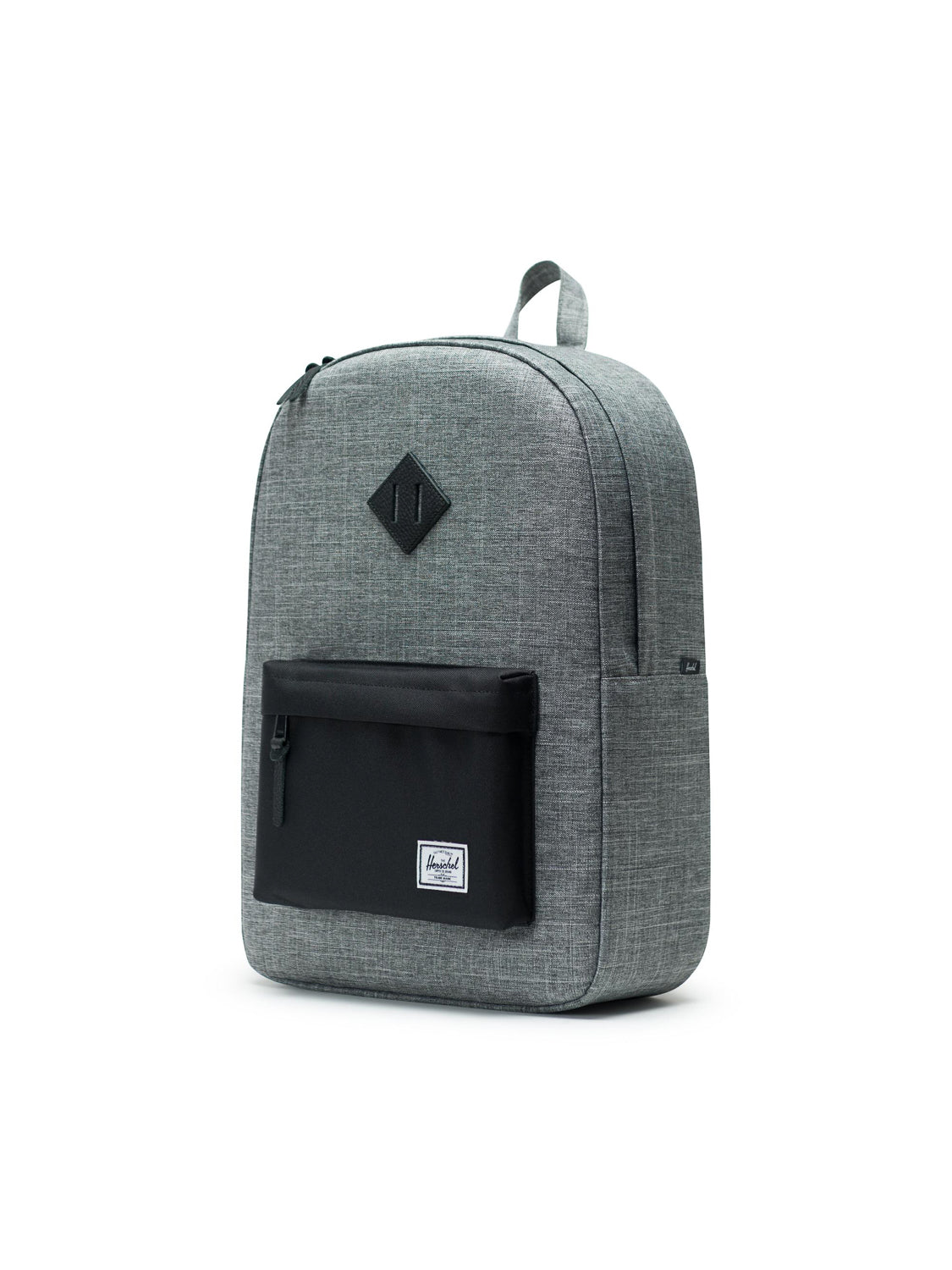 A Herschel Heritage Backpack with a gray body, black front pocket, classic diamond patch, laptop sleeve, and white logo label is shown on a white background.