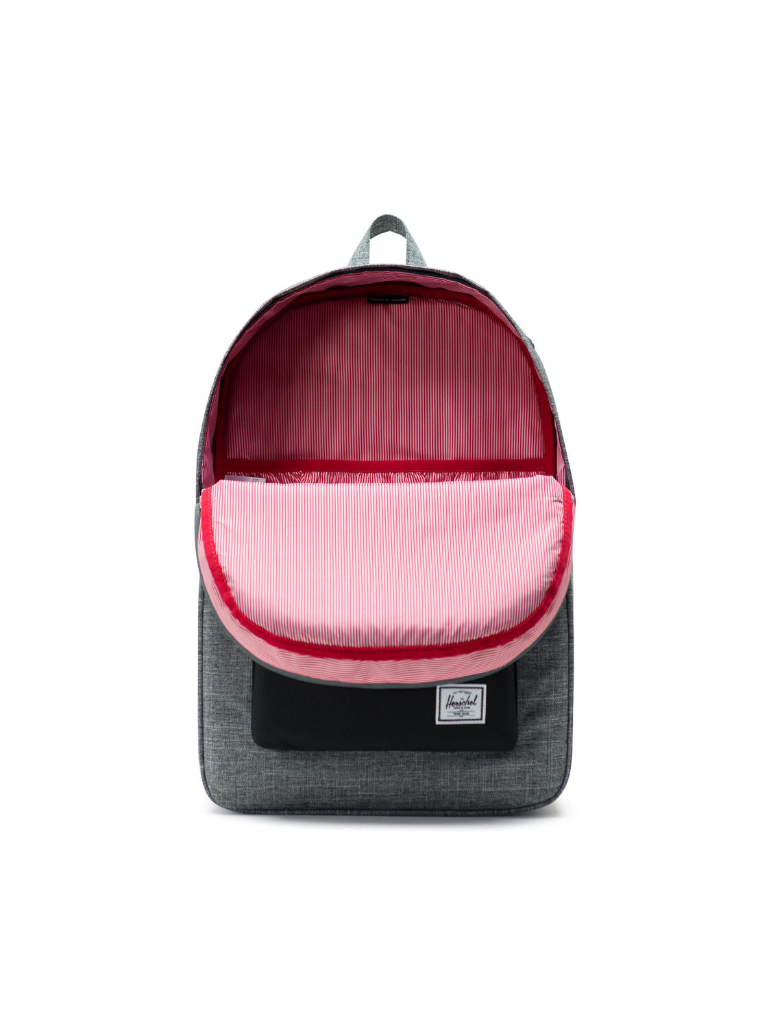 The Herschel Heritage Backpack in grey features a front pocket, a pink and white striped interior lining, and a laptop sleeve, shown unzipped against a white background.