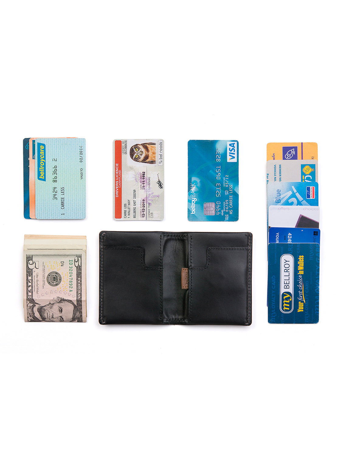 A Bellroy Slim Sleeve Wallet in black sits open and empty at the center, surrounded by neatly arranged stacks of credit cards, ID cards, and a folded bundle of cash on a white background.